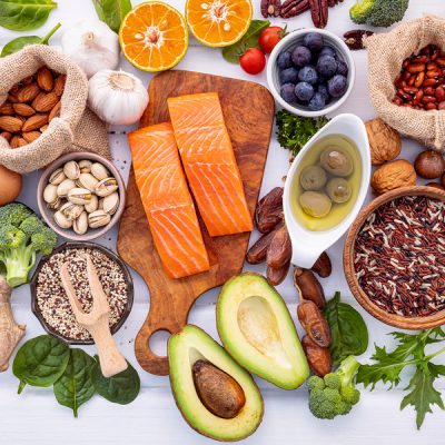 Ingredients for the healthy foods selection on white background. Ingredients for the healthy foods selection on white background. Balanced healthy ingredients of unsaturated fats and fiber for the heart and blood vessels.